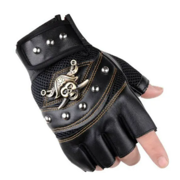 Punk Skull Rivet Half Finger PU Leather Gloves – Unisex Hip Hop Biker Style