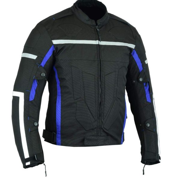 LeatherTeknik Men’s Cordura Motorcycle Jacket – Armored, Waterproof, All-Weather Riding Gear (Black/Blue)
